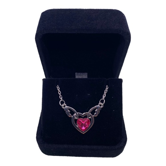 Imitation Dark Pink Crystal Rhinestone Gemstone Angel Wings Heart Necklace - Picture 3 of 11